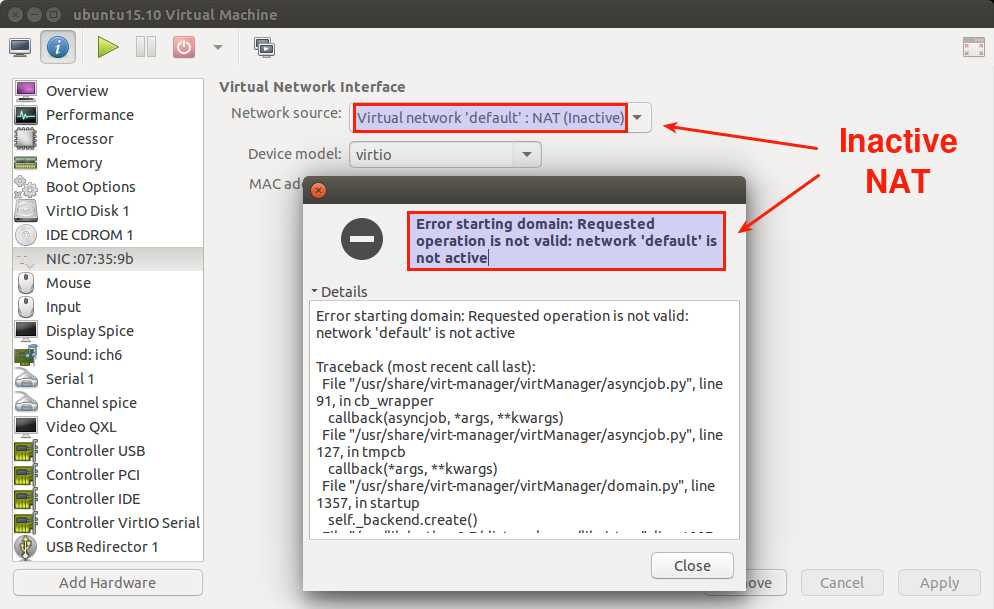 mensagem de erro kvm iniciando domínio